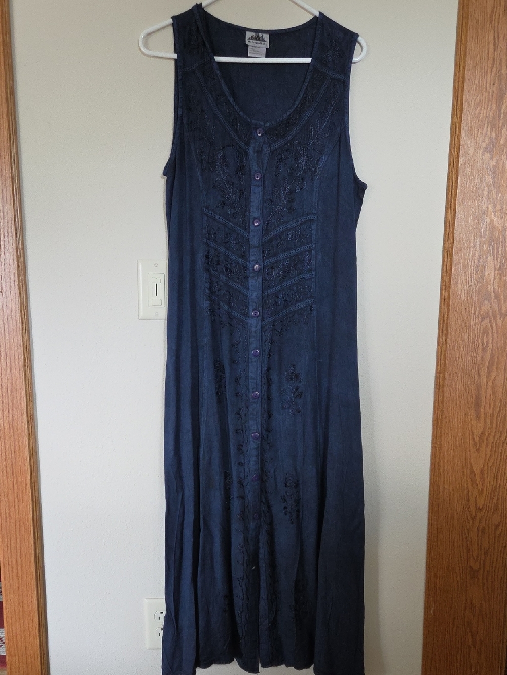 Embroidered Navy Sleeveless Button-Front Maxi Dress